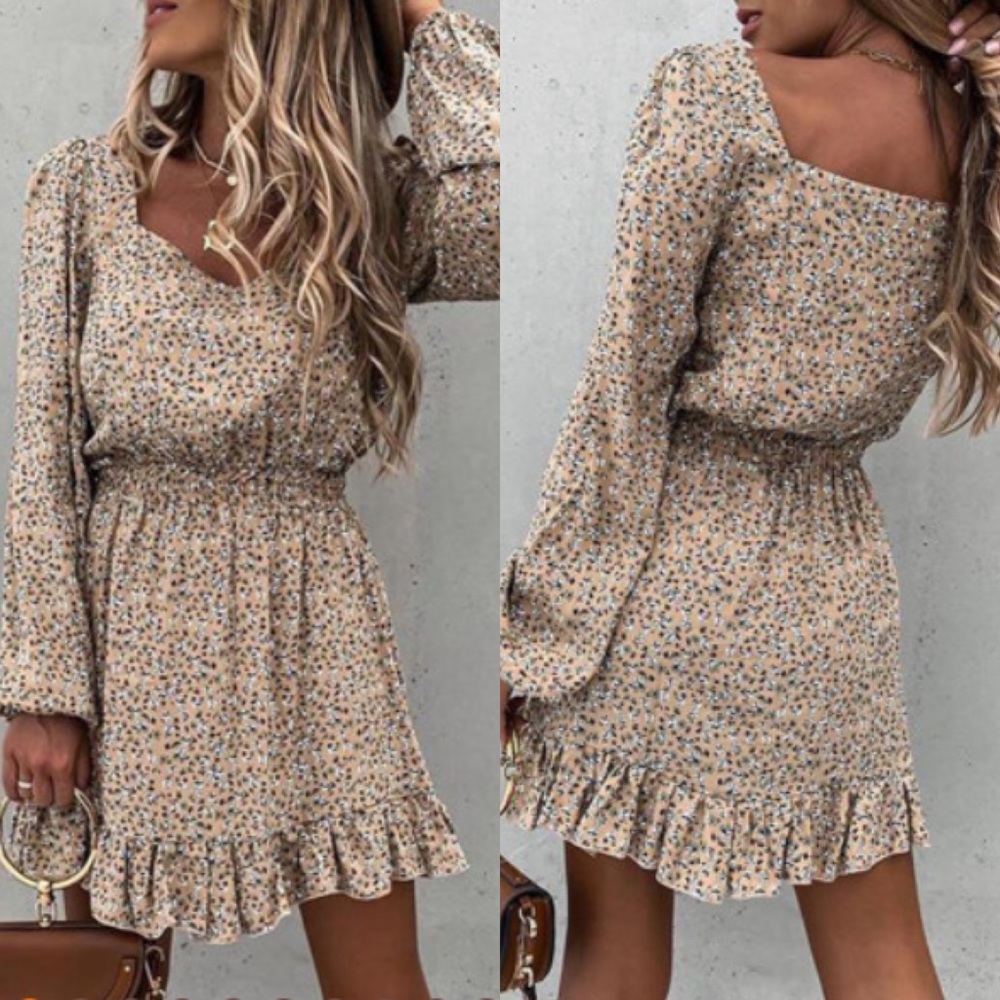 Khaki Elastic Waist Ruffled Floral Dress